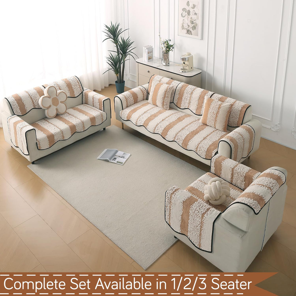 Luxury Sofa Cover Set | Seat, Back & Arm Covers | Anti-Slip Wavy Mat – Desert Brown