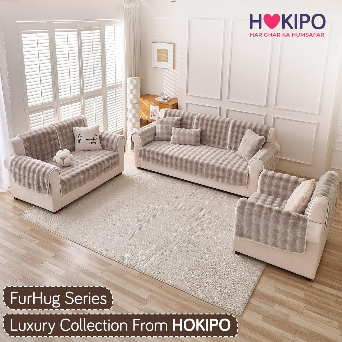 'FurHug' Premium Faux Rabbit Fur Sofa Seat Mats, Latte Brown