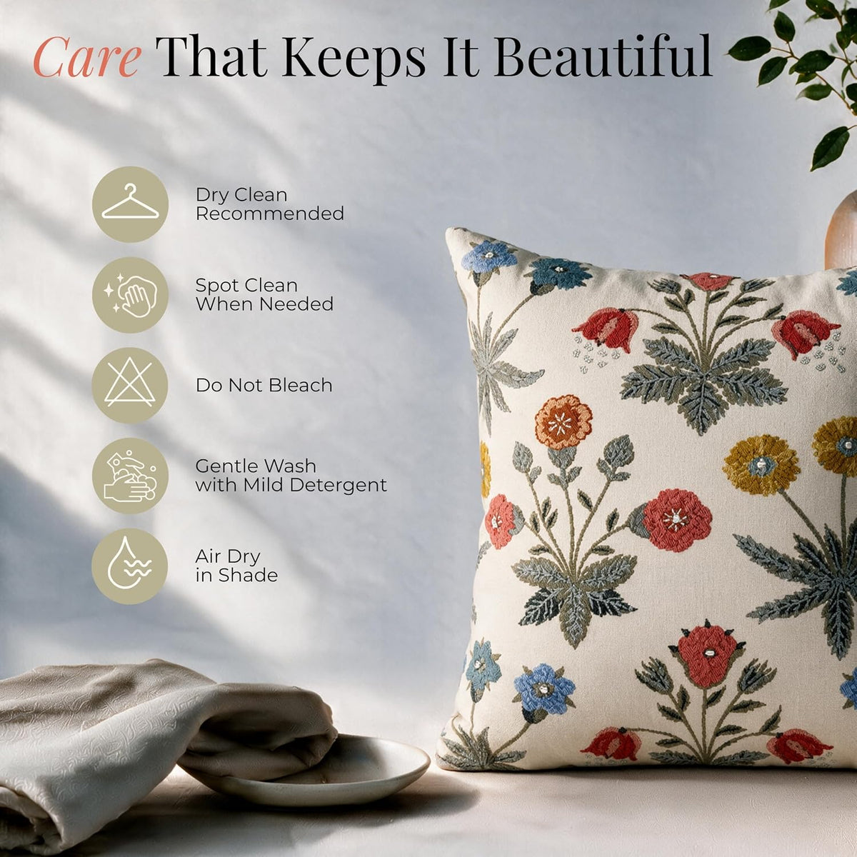 HOKIPO Crewel Embroidered Cushion Cover, Floral Multicolor, 16 x 16 in - image 6