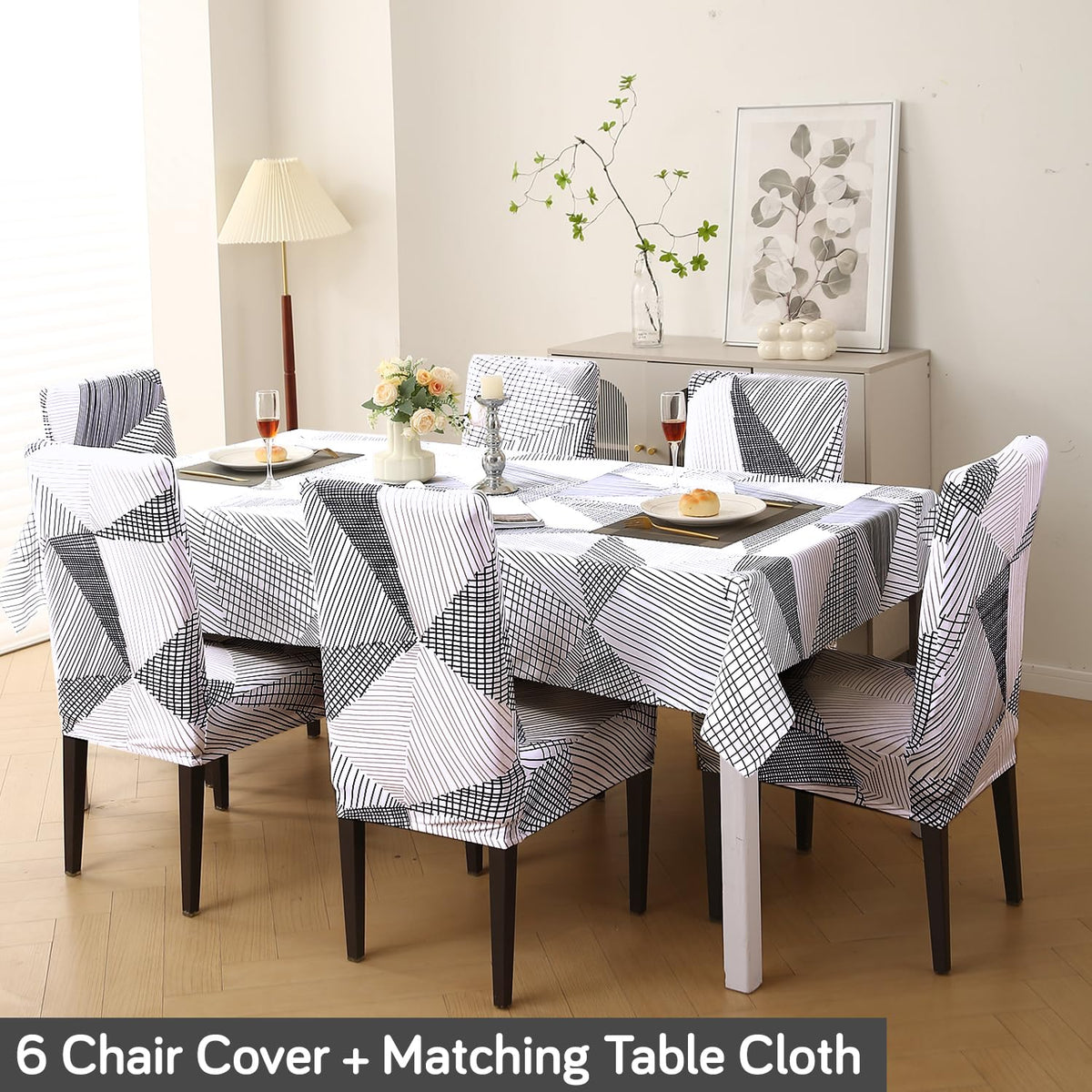 Elastic Dining Chair Covers with Matching Tablecloth, Snow White Black Geometry