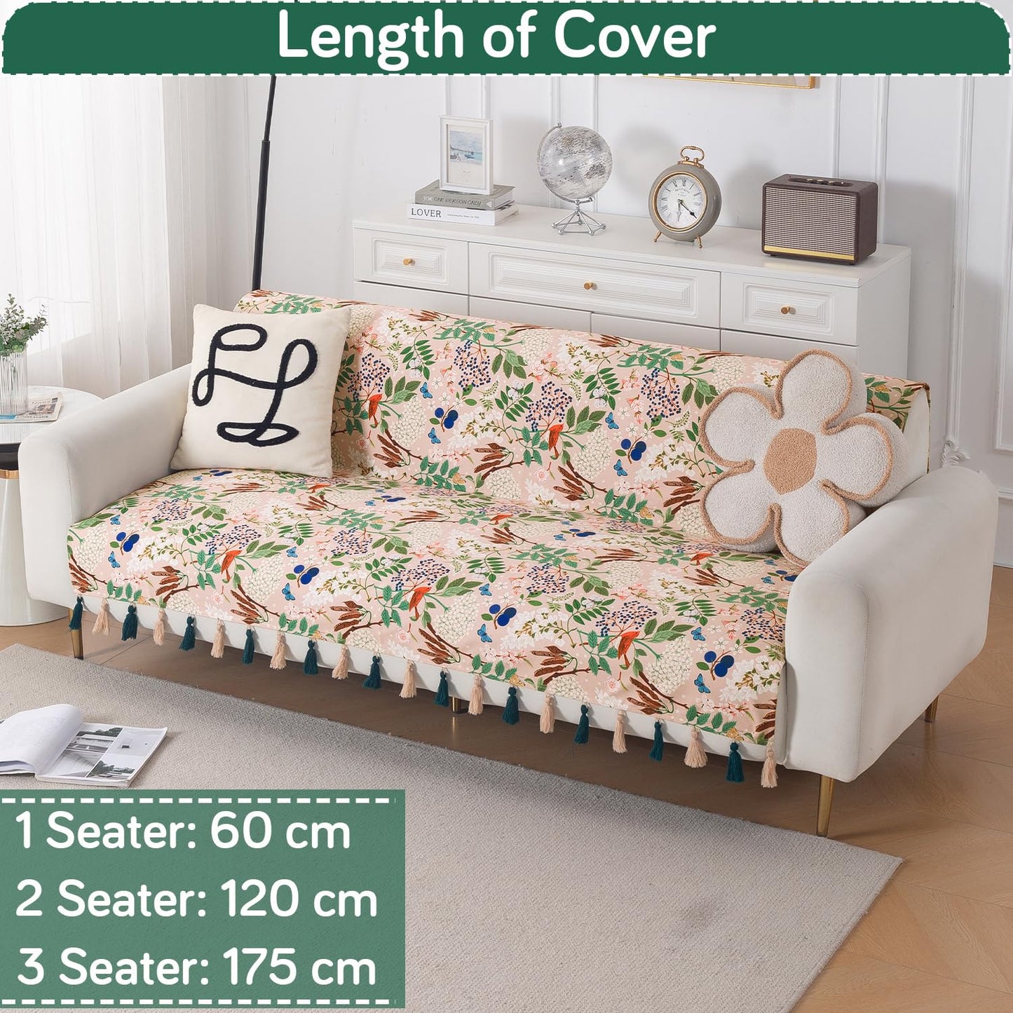 'Whispers of Nature' Series Holland Velvet Sofa Cover with Tassel, Beige Woodland Bloom
