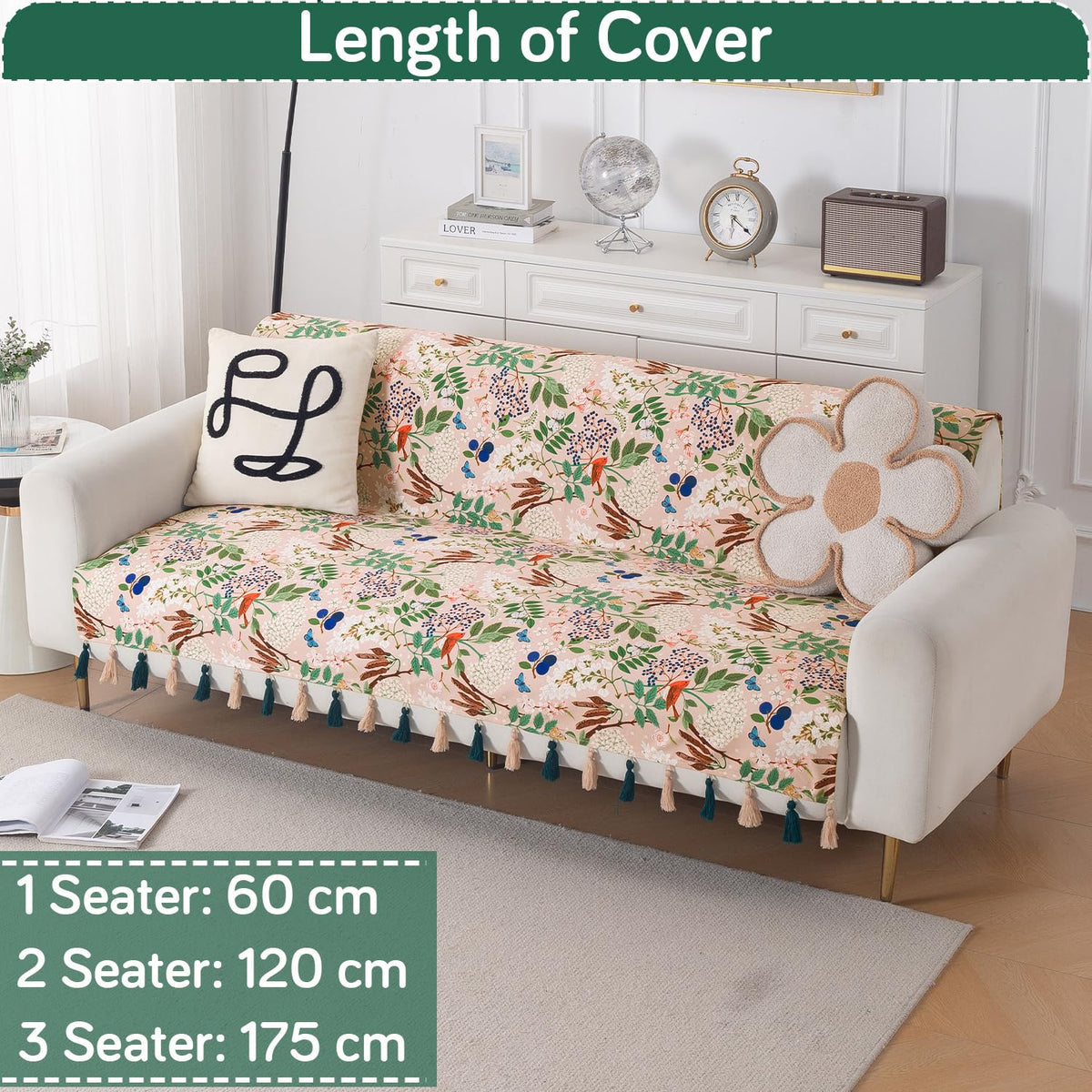 'Whispers of Nature' Series Holland Velvet Sofa Cover with Tassel, Beige Woodland Bloom