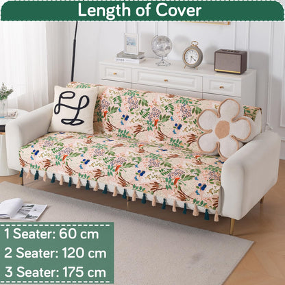 'Whispers of Nature' Series Holland Velvet Sofa Cover with Tassel, Beige Woodland Bloom