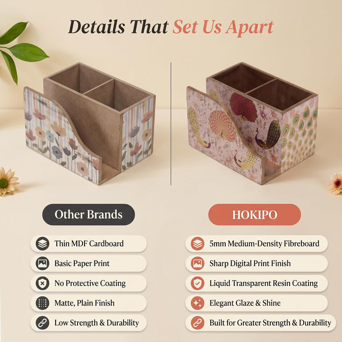HOKIPO Cutlery Holder with Napkin Stand, Engineered Wood, Gulabi Mayurvan - image 4