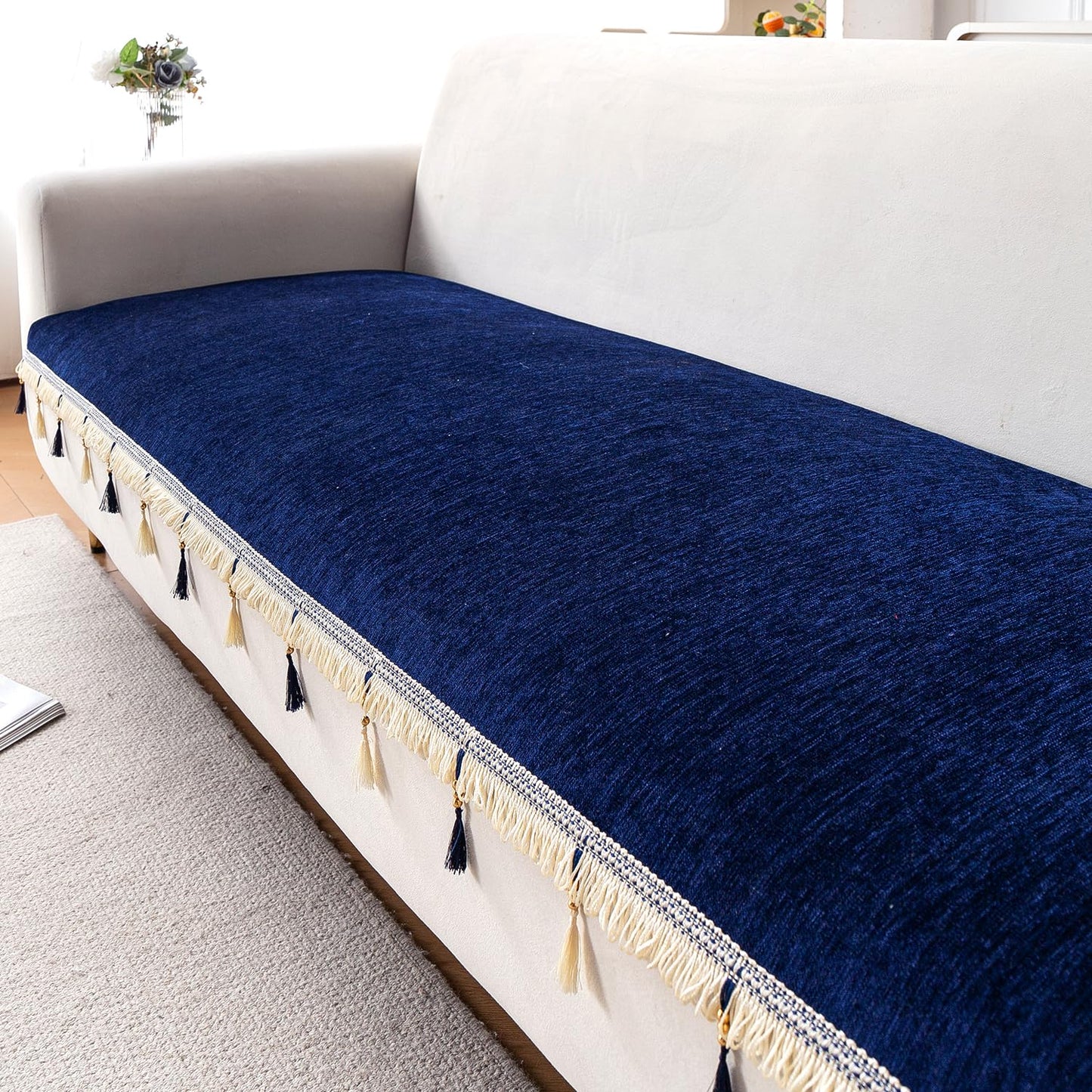 Serenity Tassel Chenille Sofa Cover with Tassel – Sapphire Navy