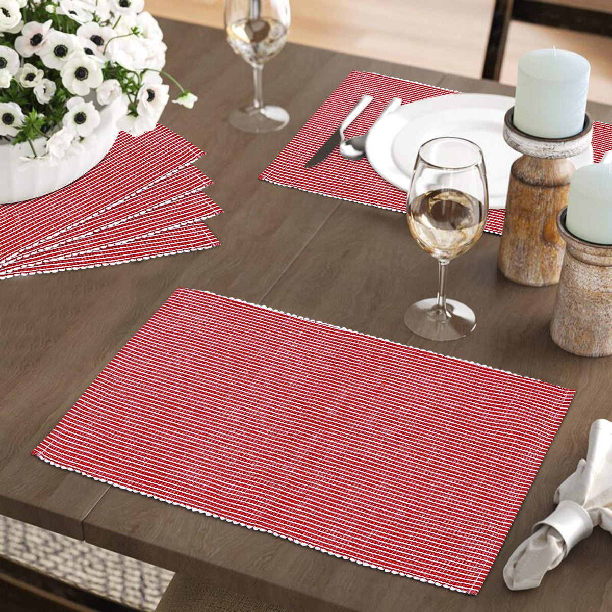 Ribbed Cotton Heat Resistant Dining Table Mat, Red
