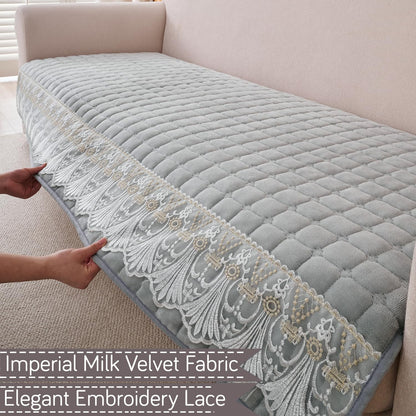 BelleLace Series Imperial Milk Velvet Sofa Cover Mat with Lace Design - Cloud Grey