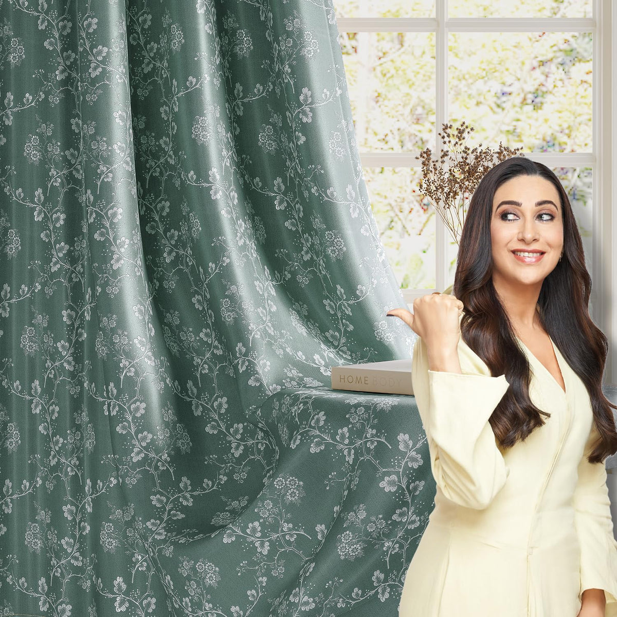 HOKIPO Bahaar Eyelet Curtains, 7 Feet Long - Sage Green