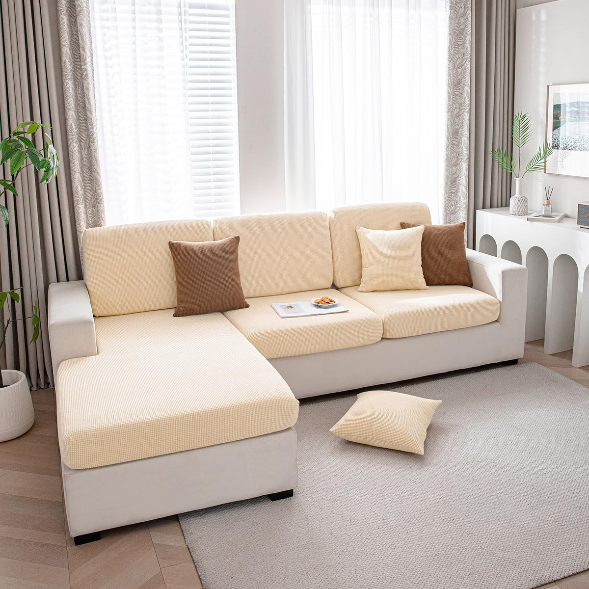 Stretchable Thick Jacquard Textured Seat Cushion Cover for 1/2/3 Seaters / Pieces for Sofa, Beige