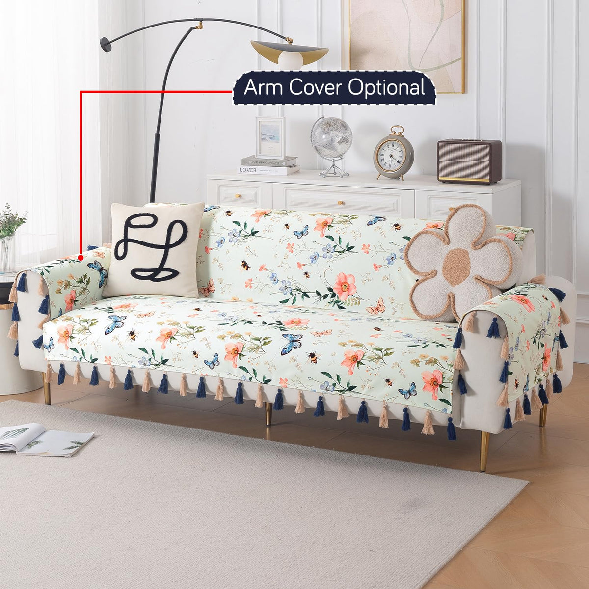 'Whispers of Nature' Series Holland Velvet Sofa Cover with Tassel, Pastel Butterfly Meadow