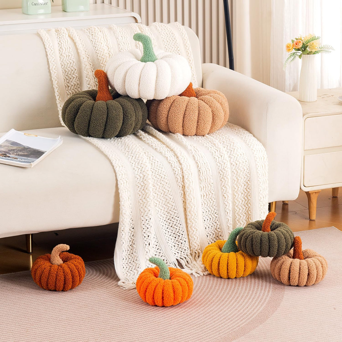 HOKIPO Pumpkin Shaped Throw Pillow for Fall & Party Decor, 20 cm, White