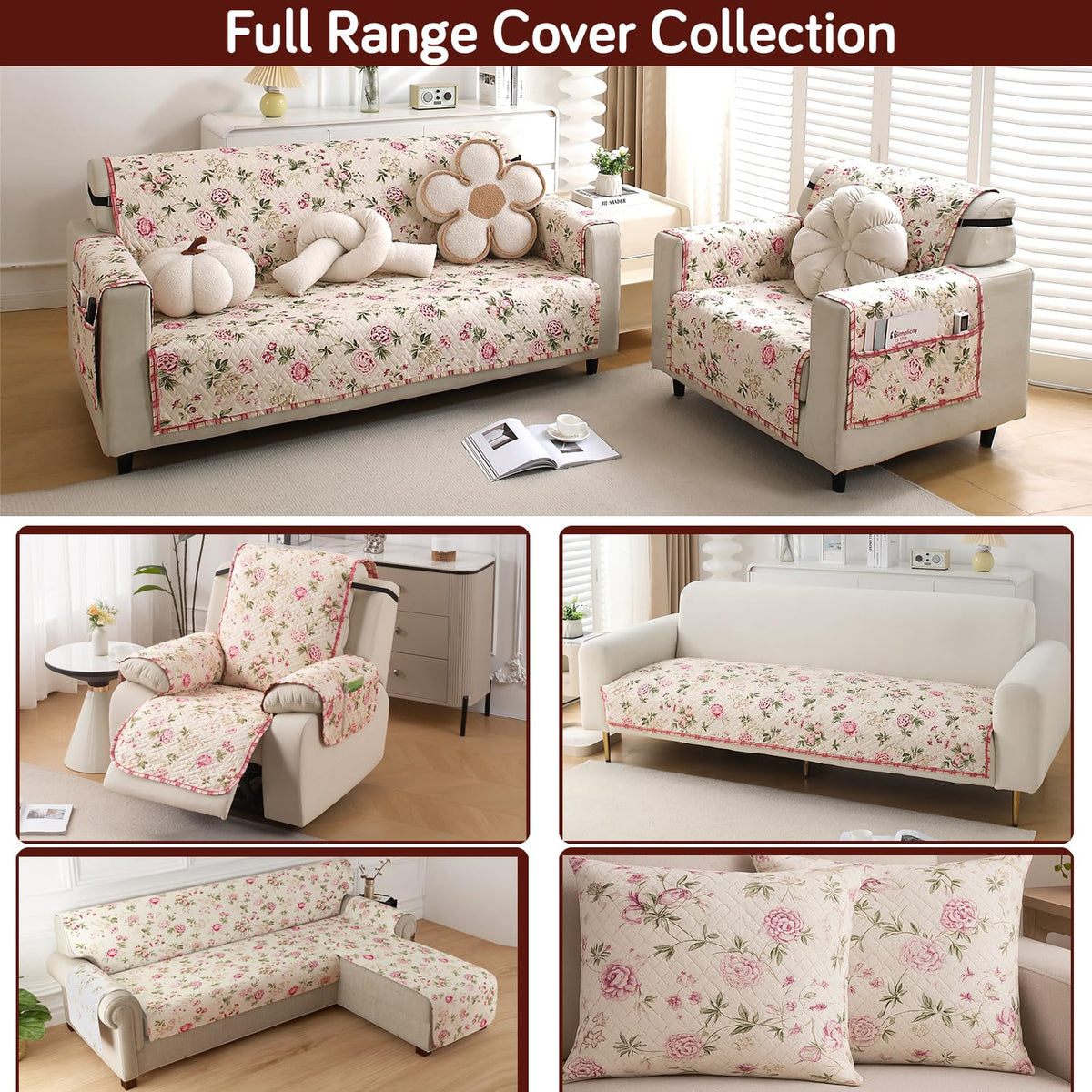 'Homehues' Printed Quilted Sofa Cover Mats, Beige Peonies