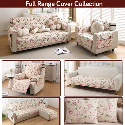 Printed Quilted Sofa Cover Mats, Beige Peonies