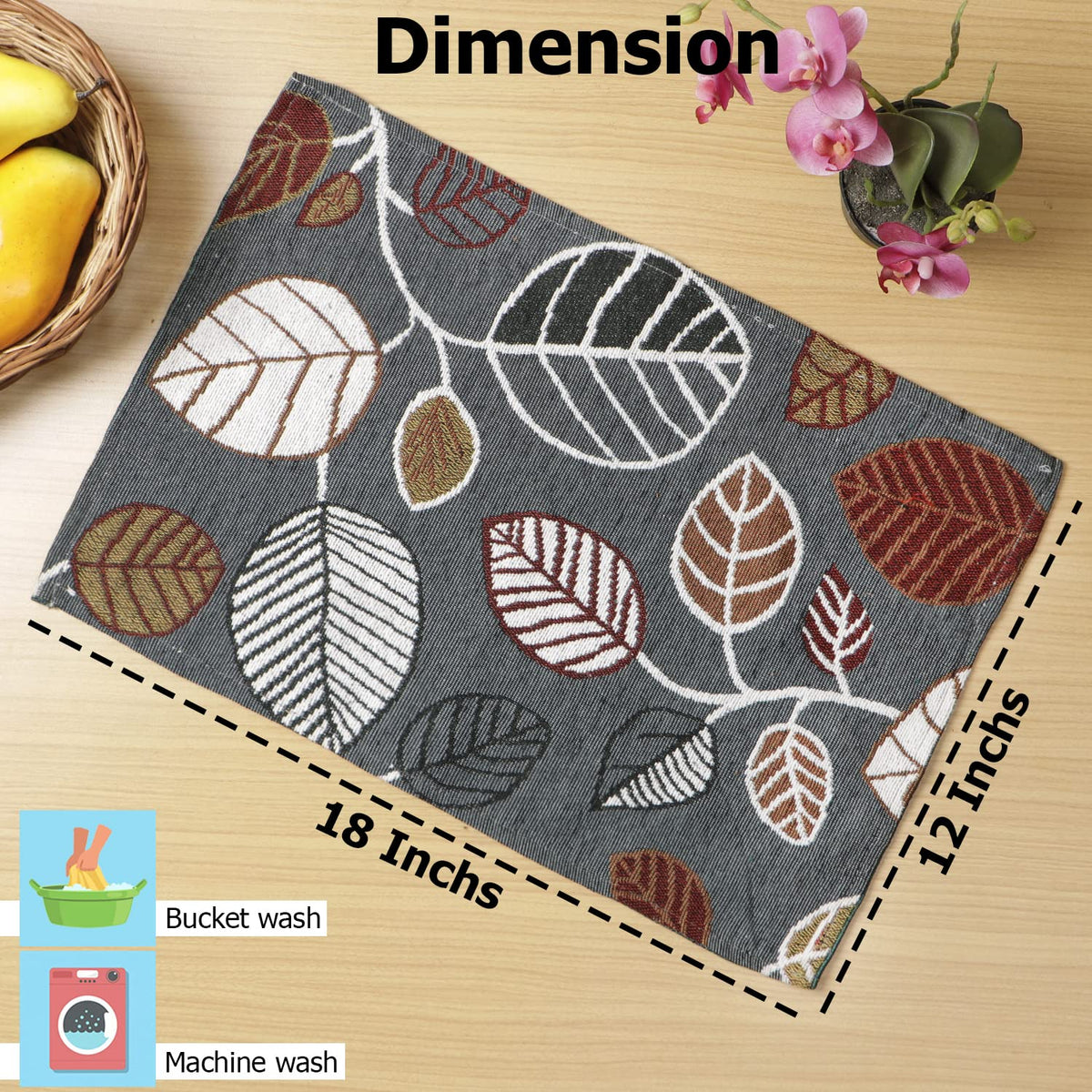 Cotton Jacquard Dining Table Mats, Grey Leaves