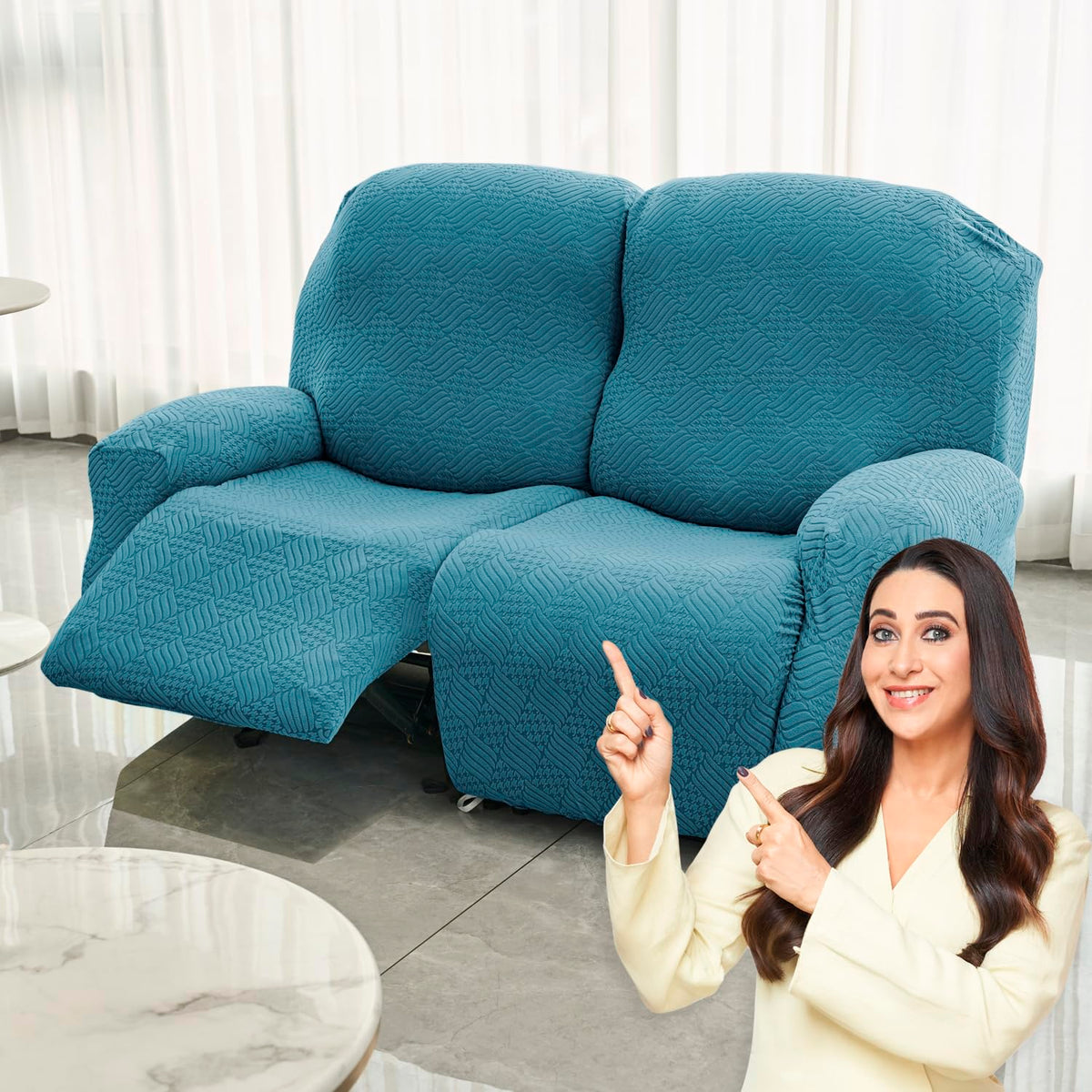 Buy Turquoise Colour Jacquard 2 Seater Recliner Sofa Cover | HOKIPO
