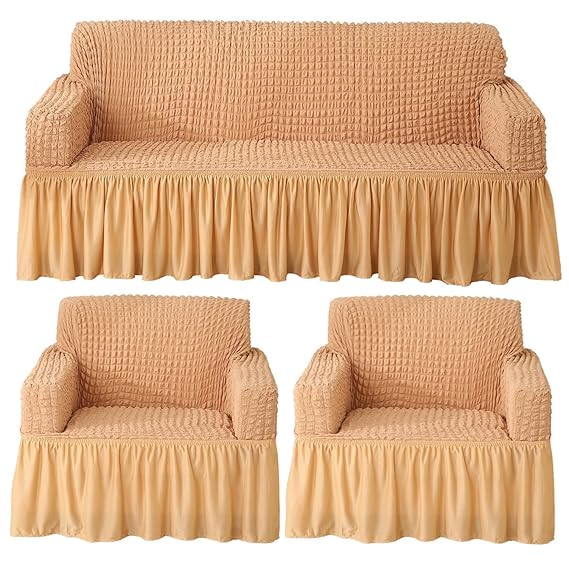 Light Brown Elastic Turkish Bubble Frill sofa cover for 3+1+1 seater​ sofa set