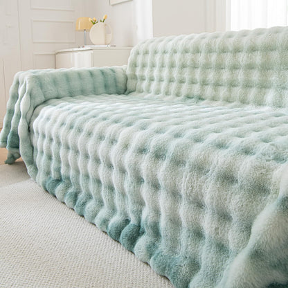 Premium Gradient Faux Rabbit Wool Sofa Throw Fluffy Sofa Cover, Green