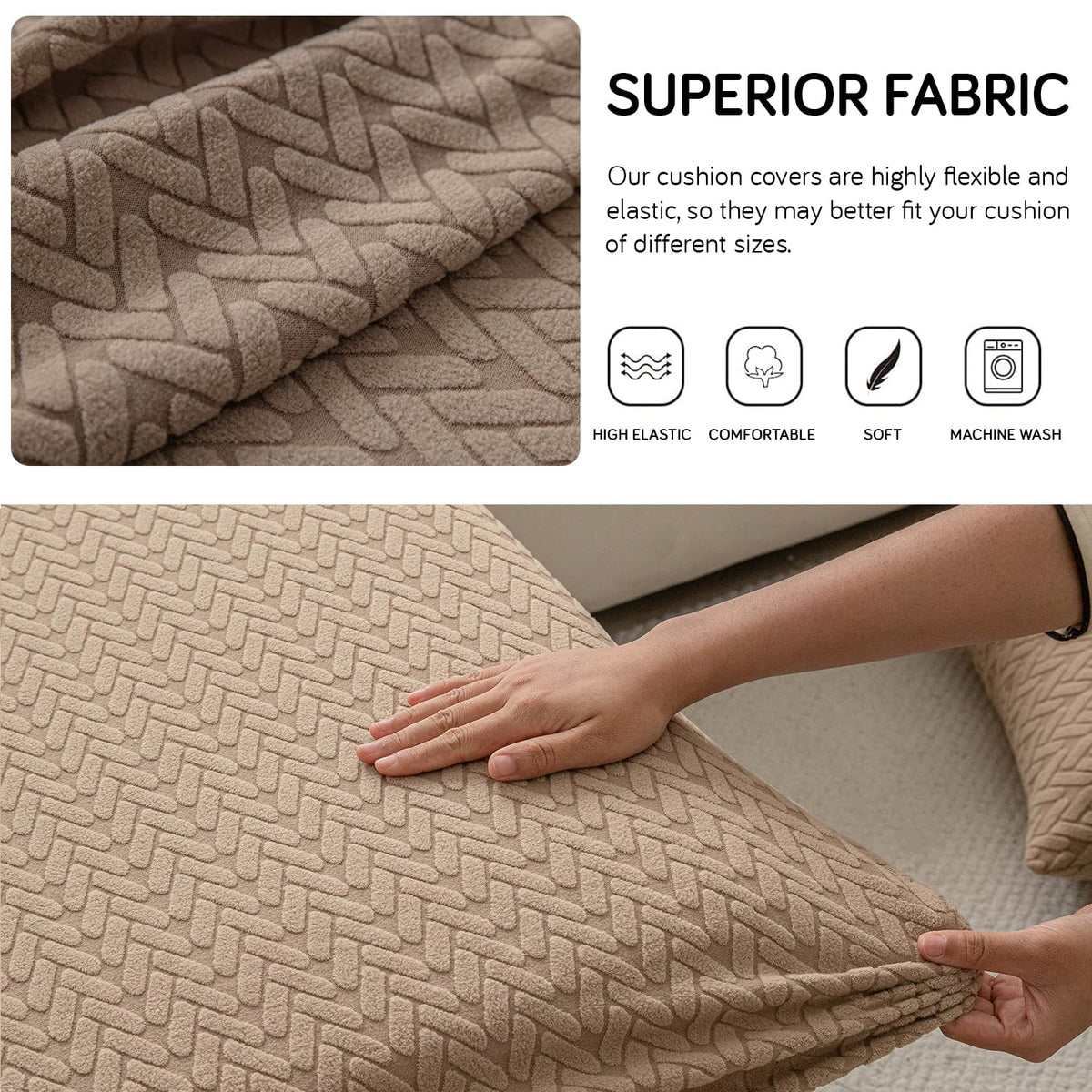 Stretchable Thick Jacquard Textured Seat Couch Cushion Cover for 1/2/3 Seaters, Brown