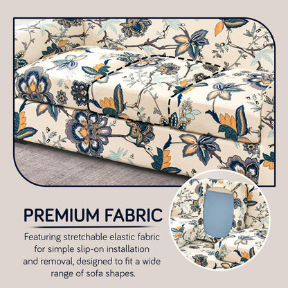 Printed Stretchable Sofa Slipcover with 1/2/3 Pc Separate Seat Cushion Cover for each 1/2/3 Seater, Cream Majestic Flora