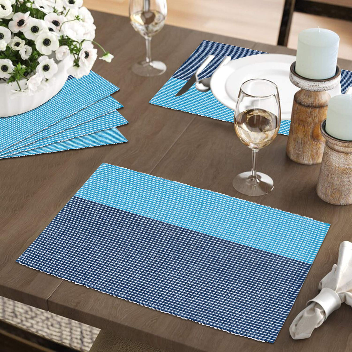 Ribbed Cotton Heat Resistant Dining Table Mat, Sky Blue