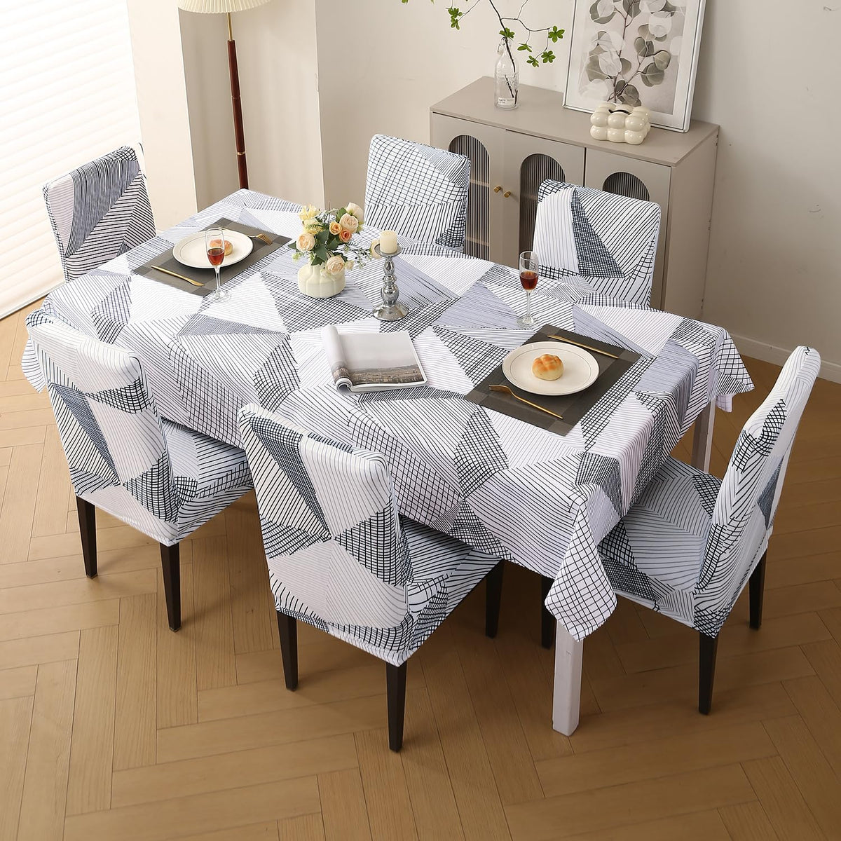 Elastic Dining Chair Covers with Matching Tablecloth, Snow White Black Geometry