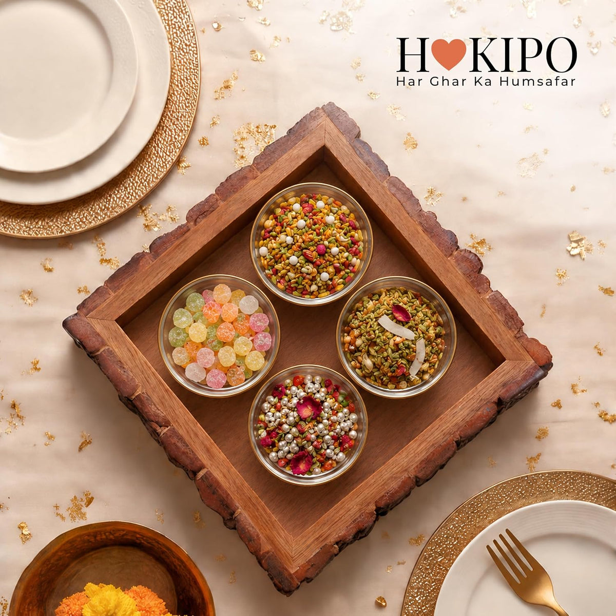 HOKIPO Arbor Mango Wood Serving Tray with Bark Edge, Square 20 x 20 cm - image 9