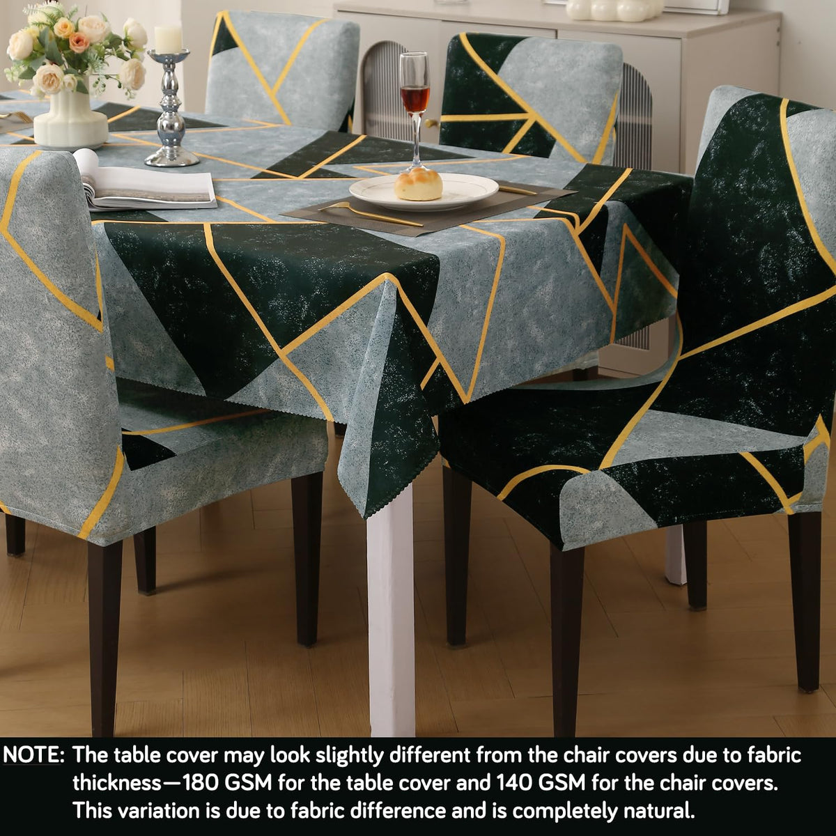 Elastic Dining Chair Covers with Matching Tablecloth, Multicolor Abstract Geometry