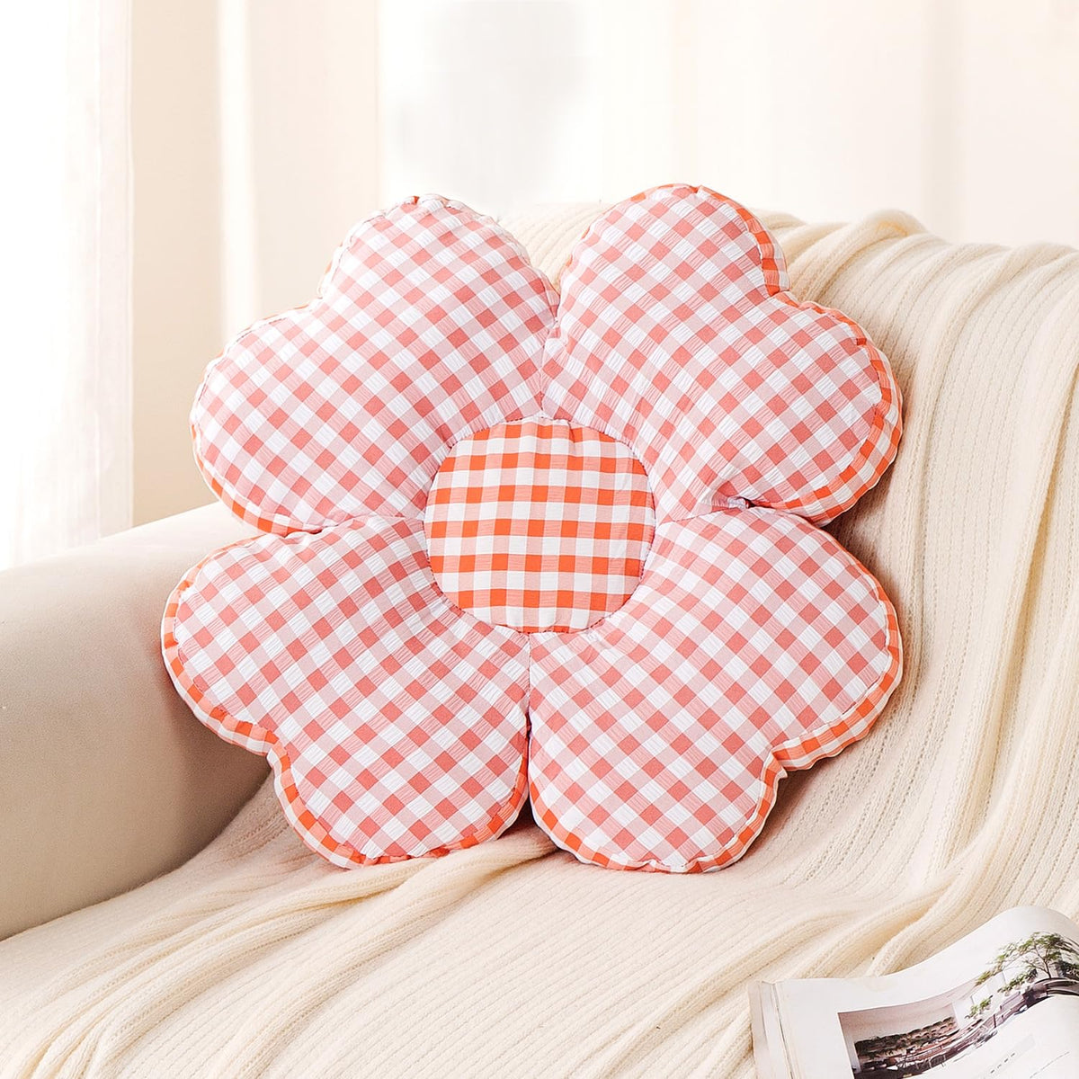 HOKIPO Checkered Daisy Flower Cushion for Sofa & Bed, 49 cm, Pink
