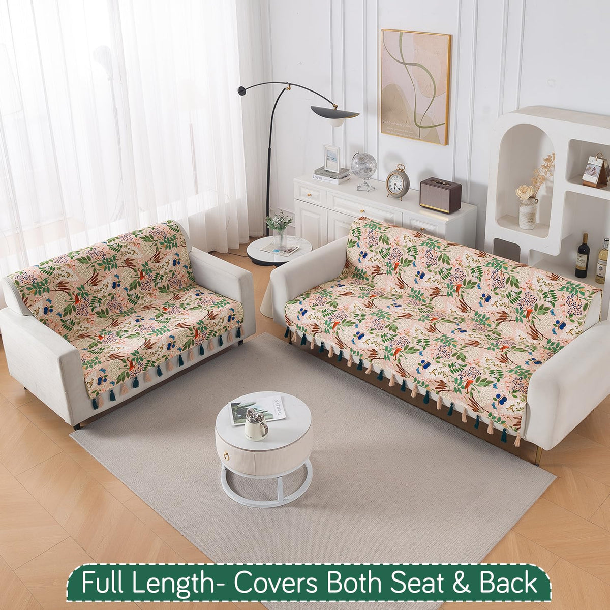 'Whispers of Nature' Series Holland Velvet Sofa Cover with Tassel, Beige Woodland Bloom