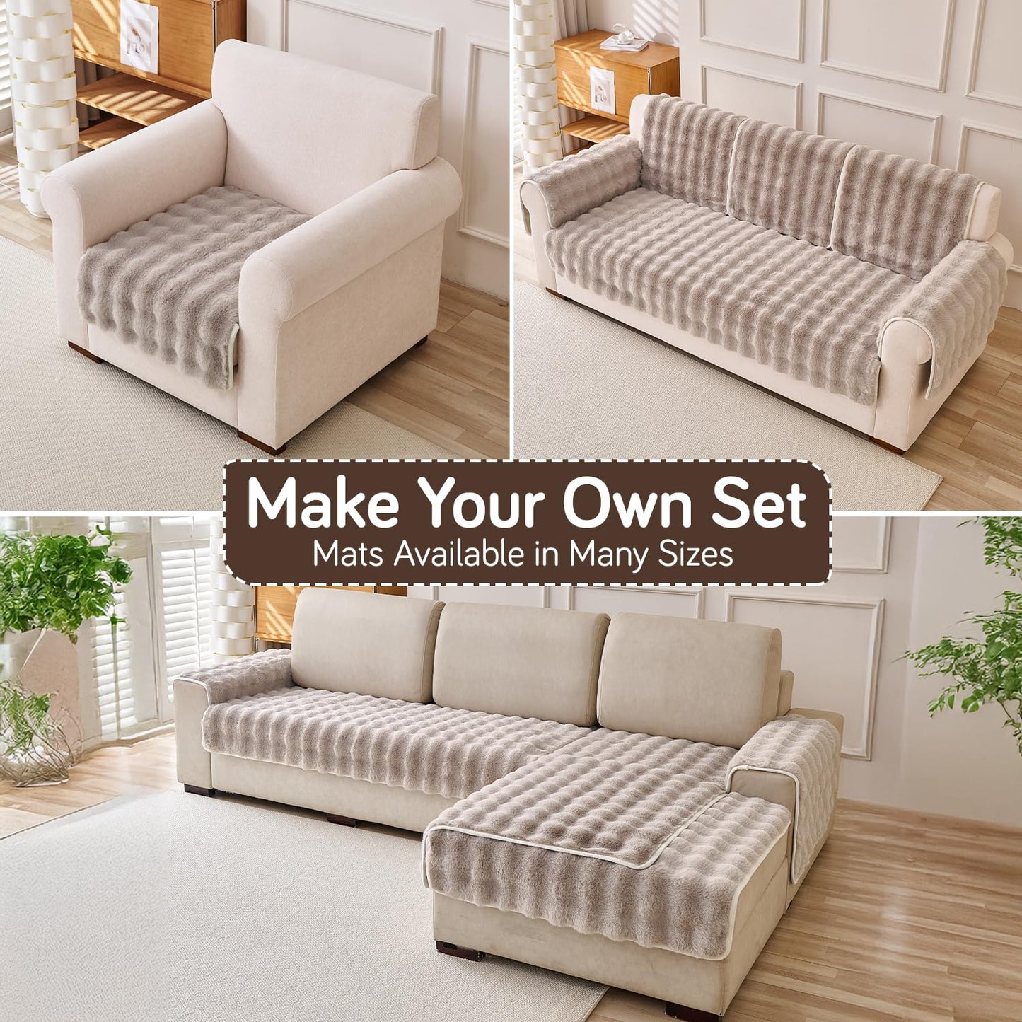 'FurHug' Premium Faux Rabbit Fur Sofa Seat Mats, Latte Brown