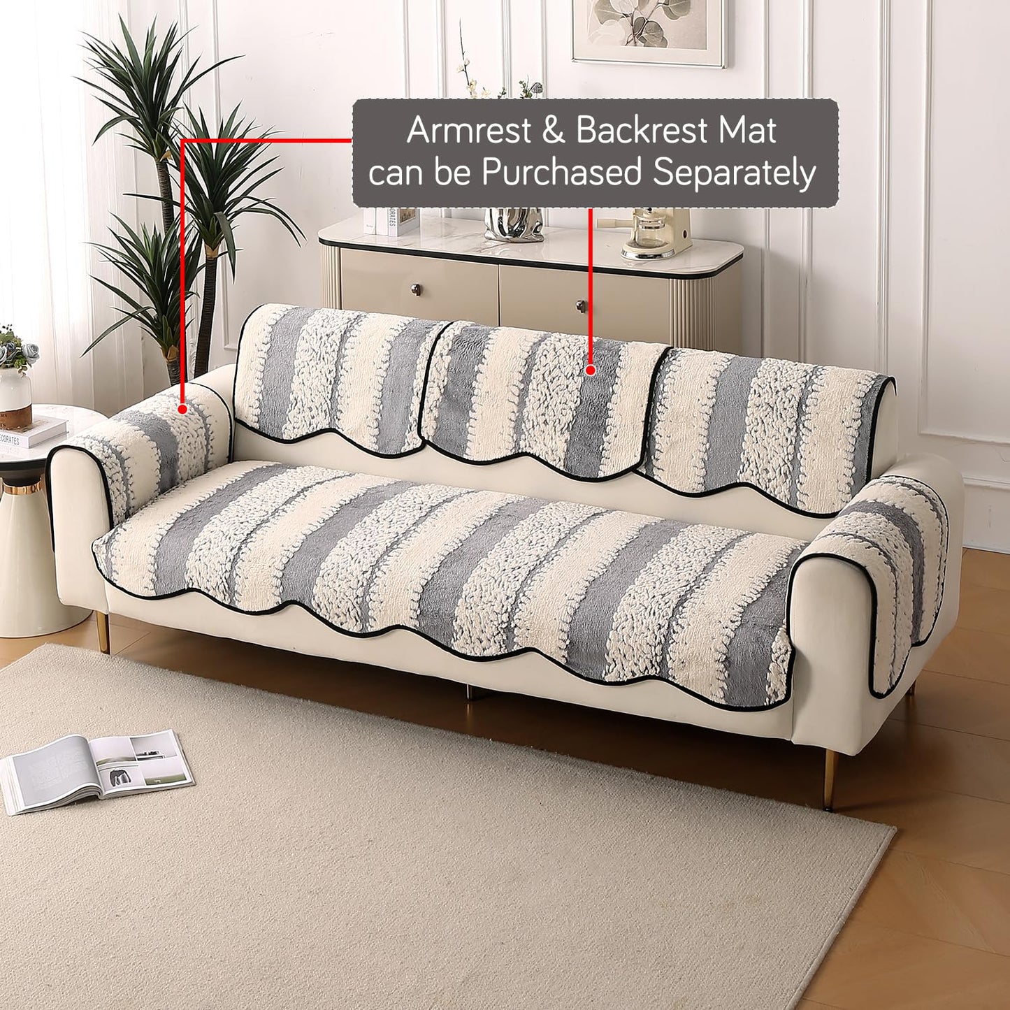 Luxury Wavy Anti Slip Plush Sofa Cover Mat, Pewter Grey
