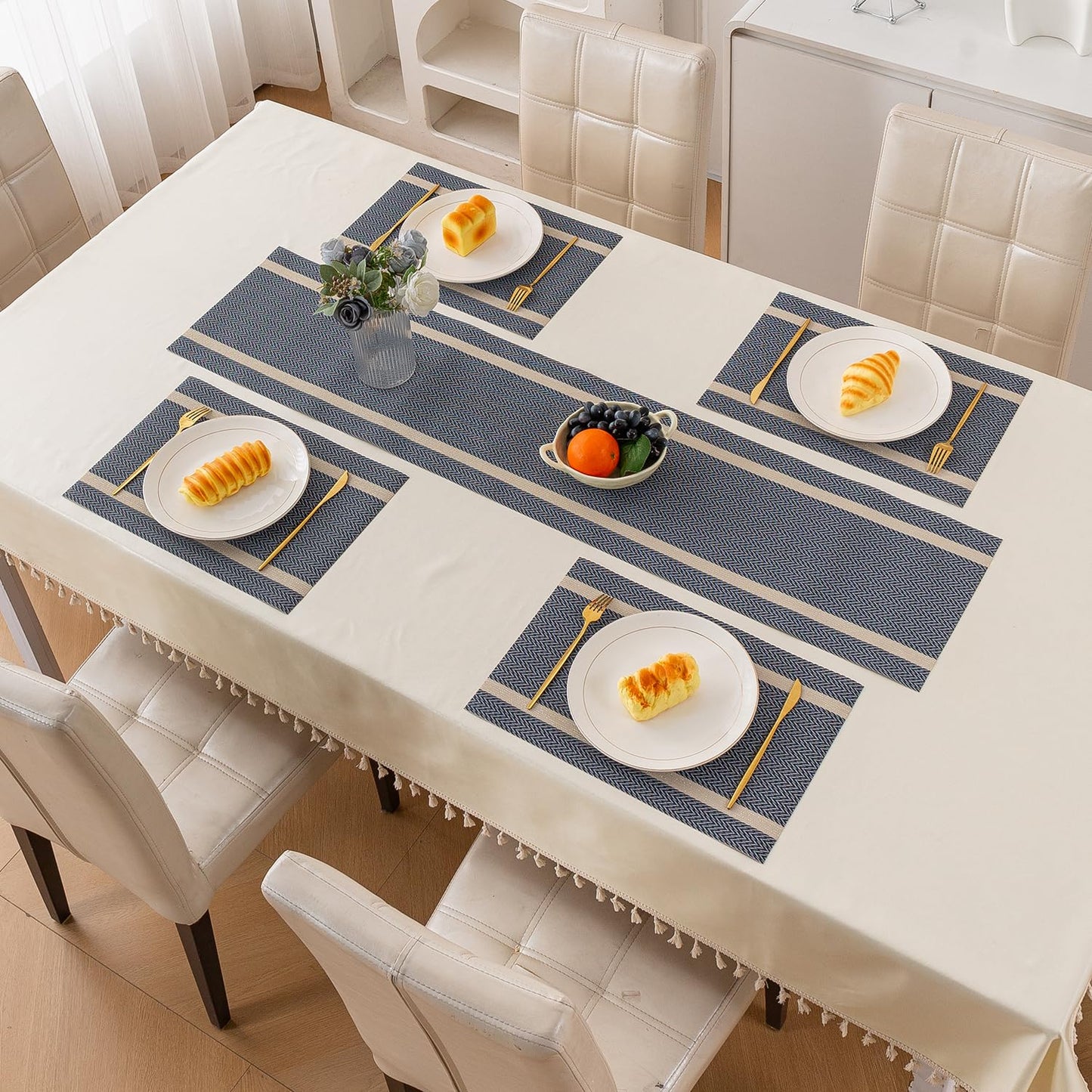 Chevron Stripes PVC Mats for Dining Table - Charcoal Blue