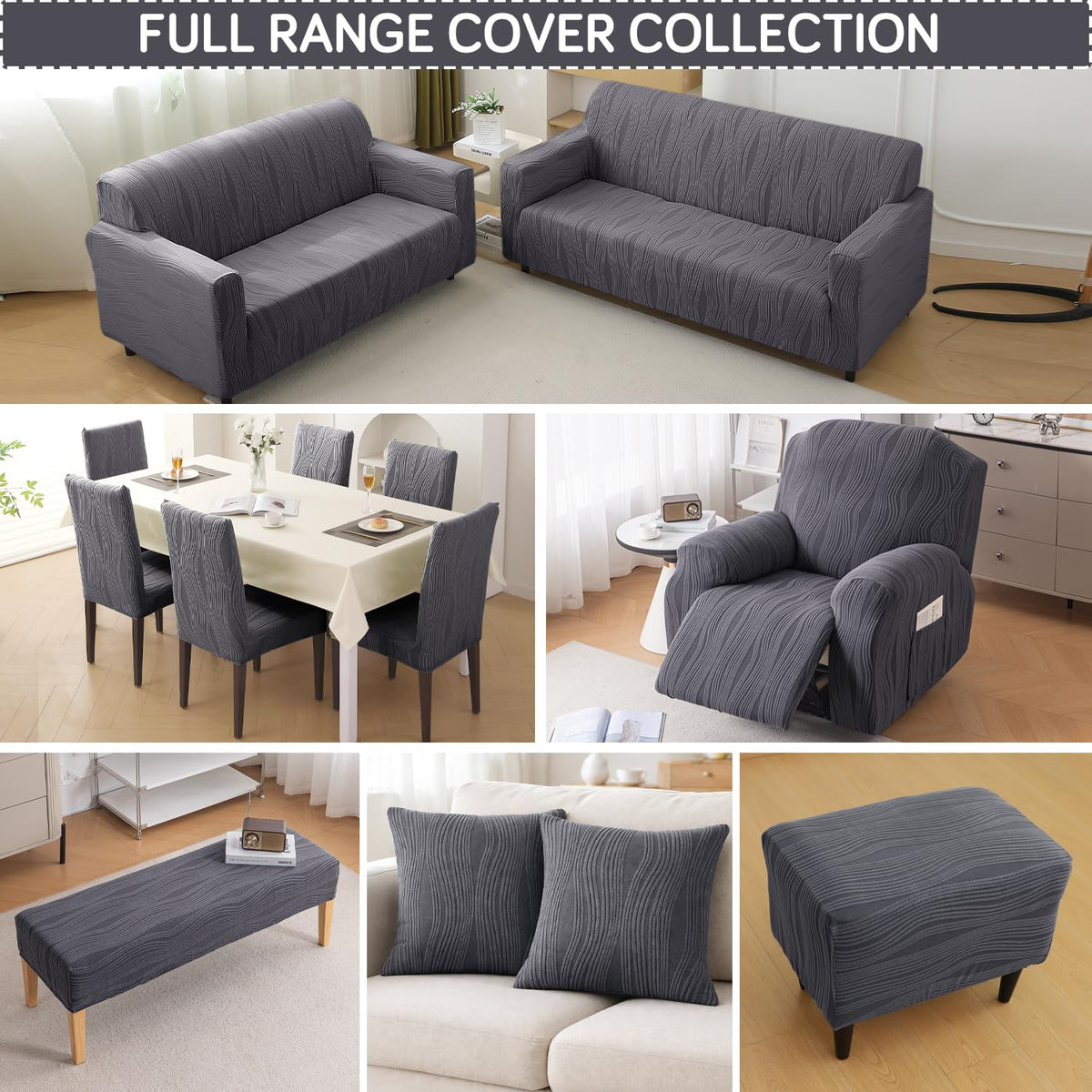 Buy HOKIPO Nestiva Series porpoise grey colour knitting jacquard covers for Sofa, Recliner, Dining Chair, Bench, Foot Stool, and Cushions in one premium collection