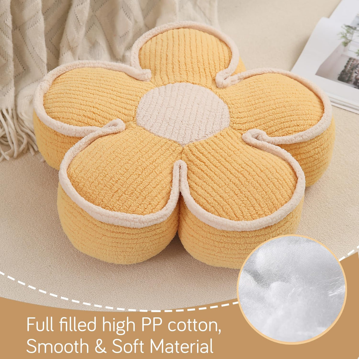 HOKIPO Plush Cotton Flower Cushion | Decorative Throw Pillow for Bed & Sofa - Daffodil Yellow
