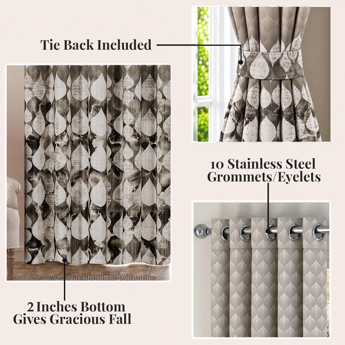 HOKIPO Twilight Curtains, 7 Feet Long - Raindrop Mosaic Beige - image 3