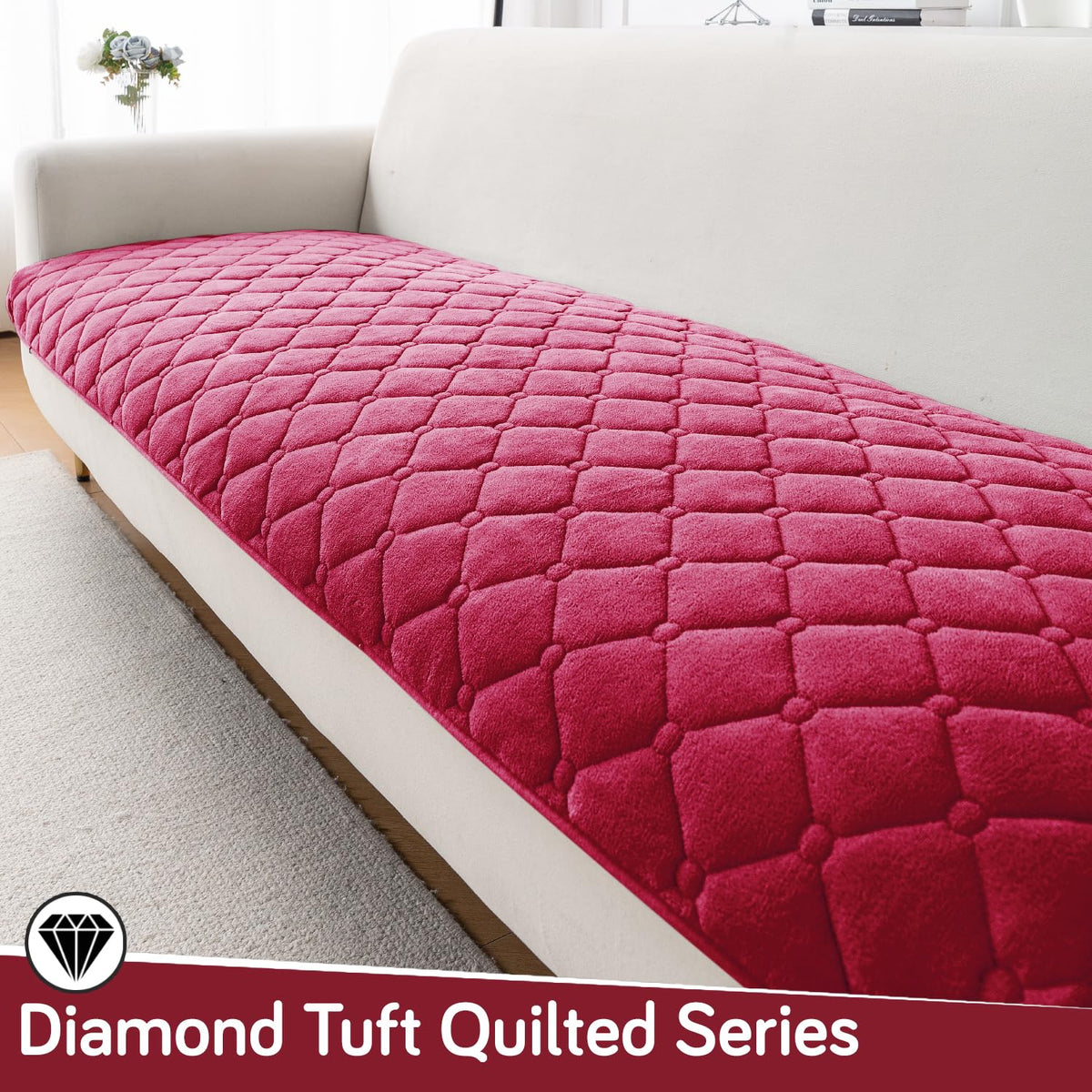 Diamond Tuft Quilted 5-Seater Sofa Mat (3+1+1), Anti-Slip, Rasberry Red