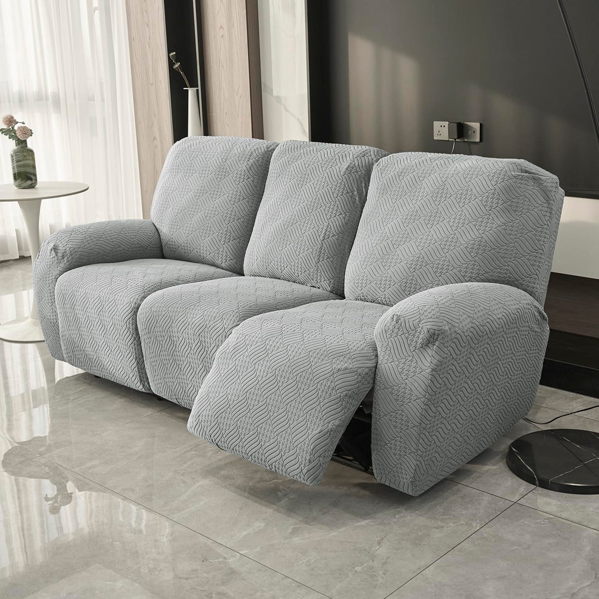 Premium 170 GSM Jacquard Fully Covered Recliner Sofa Cover for 1/2/3 Seaters, Light Grey