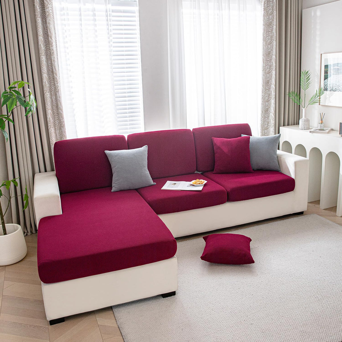 Stretchable Thick Jacquard Textured Seat Cushion Cover for 1/2/3 Seaters / Pieces for Sofa, Maroon