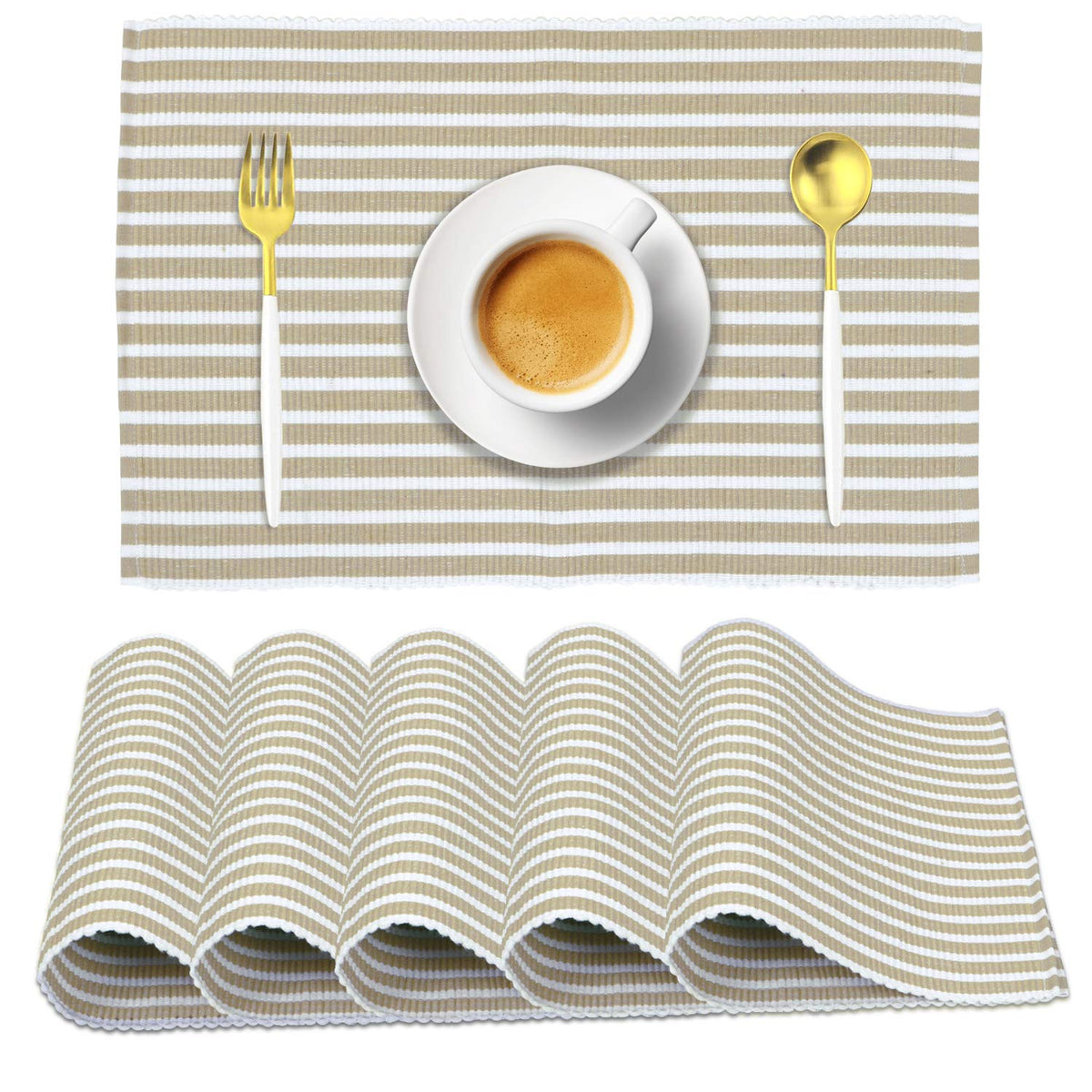 Ribbed Cotton Heat Resistant Dining Table Mat, Brown Striped