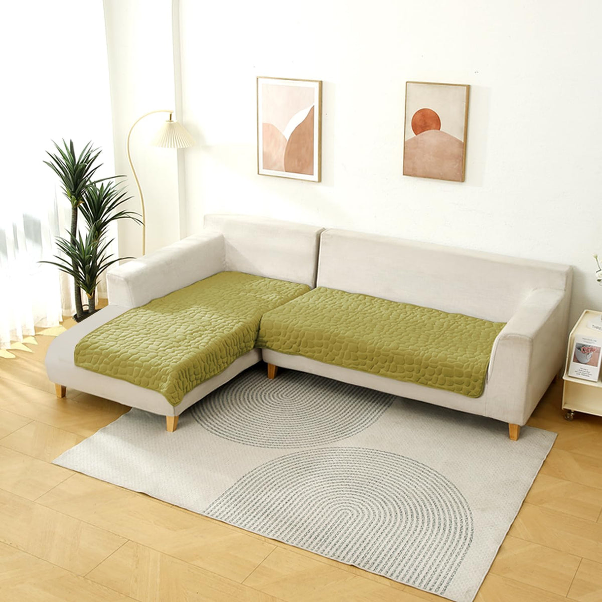 Premium Pebble Milk Velvet Sofa Cover Mat for L Shape Sofa (3+2 Seater), Pristine Green