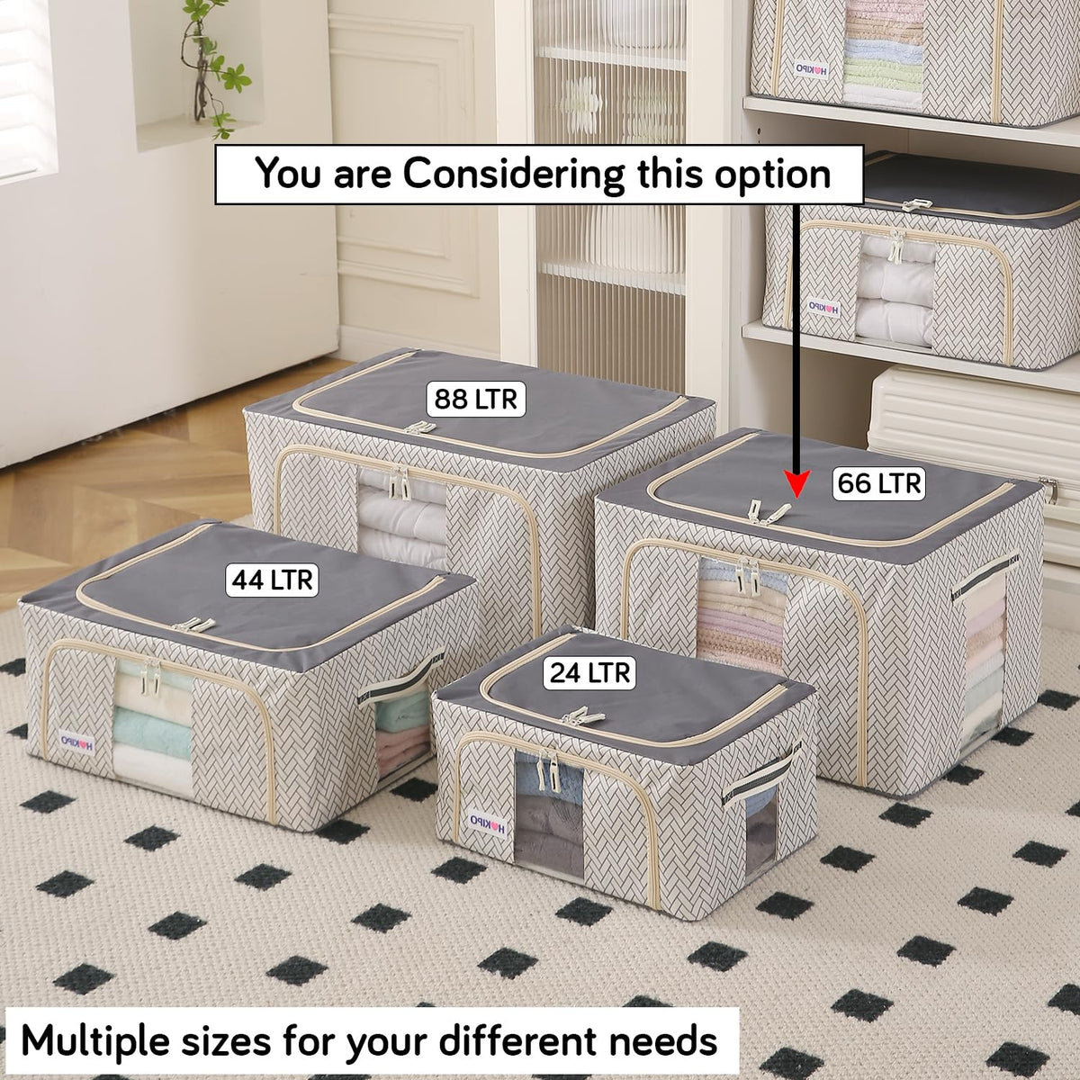 Wardrobe Organizer Storage Box | Foldable Cloth Storage Boxes with Metal Frame & Window | 600D Oxford Fabric, Cream Mist