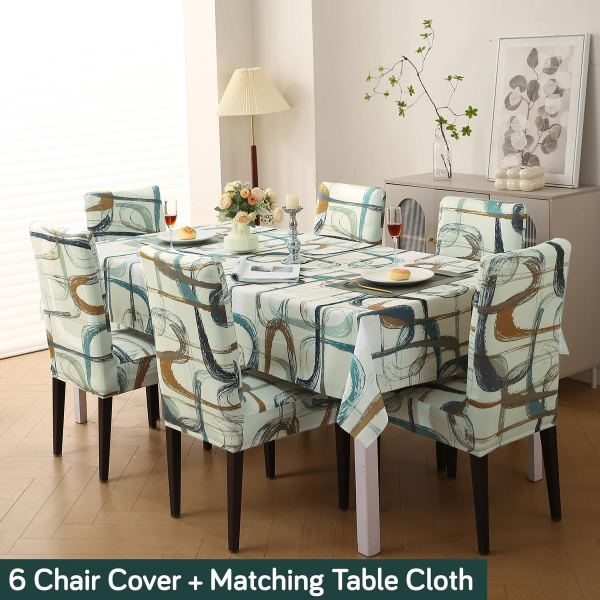 Elastic Dining Chair Covers with Matching Tablecloth, Parchement Beige Abstract Art