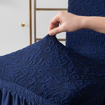 Elastic Stretchable Designer Woven Jacquard Dining Chair Cover with Frill, Navy Blue