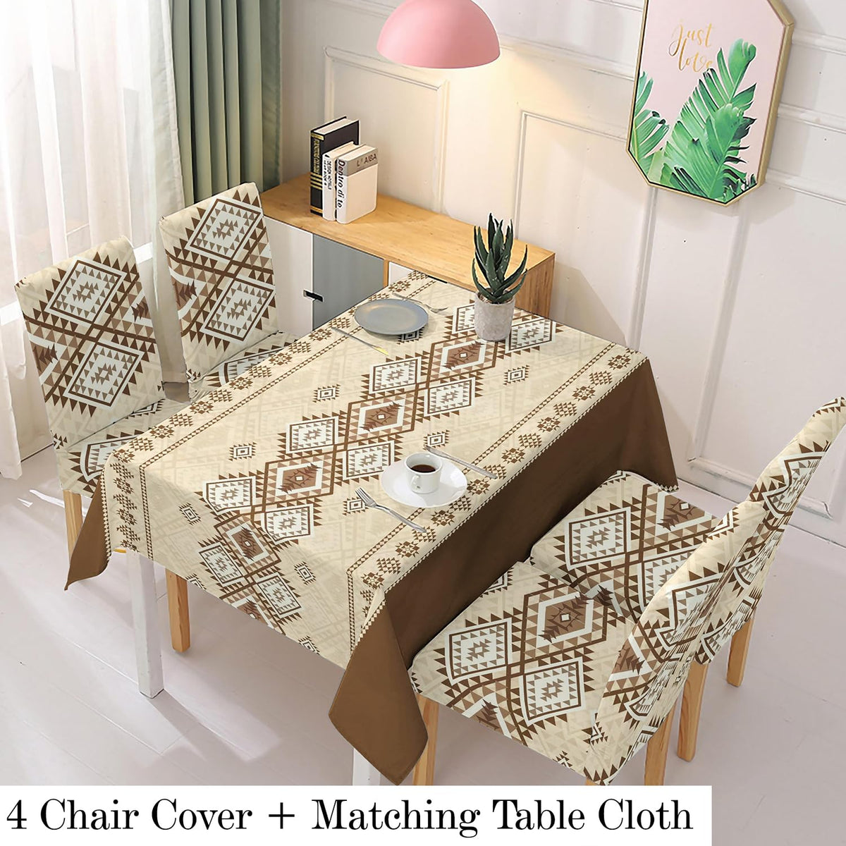 Polyester Dining Chair Covers Set of 4/6 with Matching Tablecloth, Rhombus Moss Brown