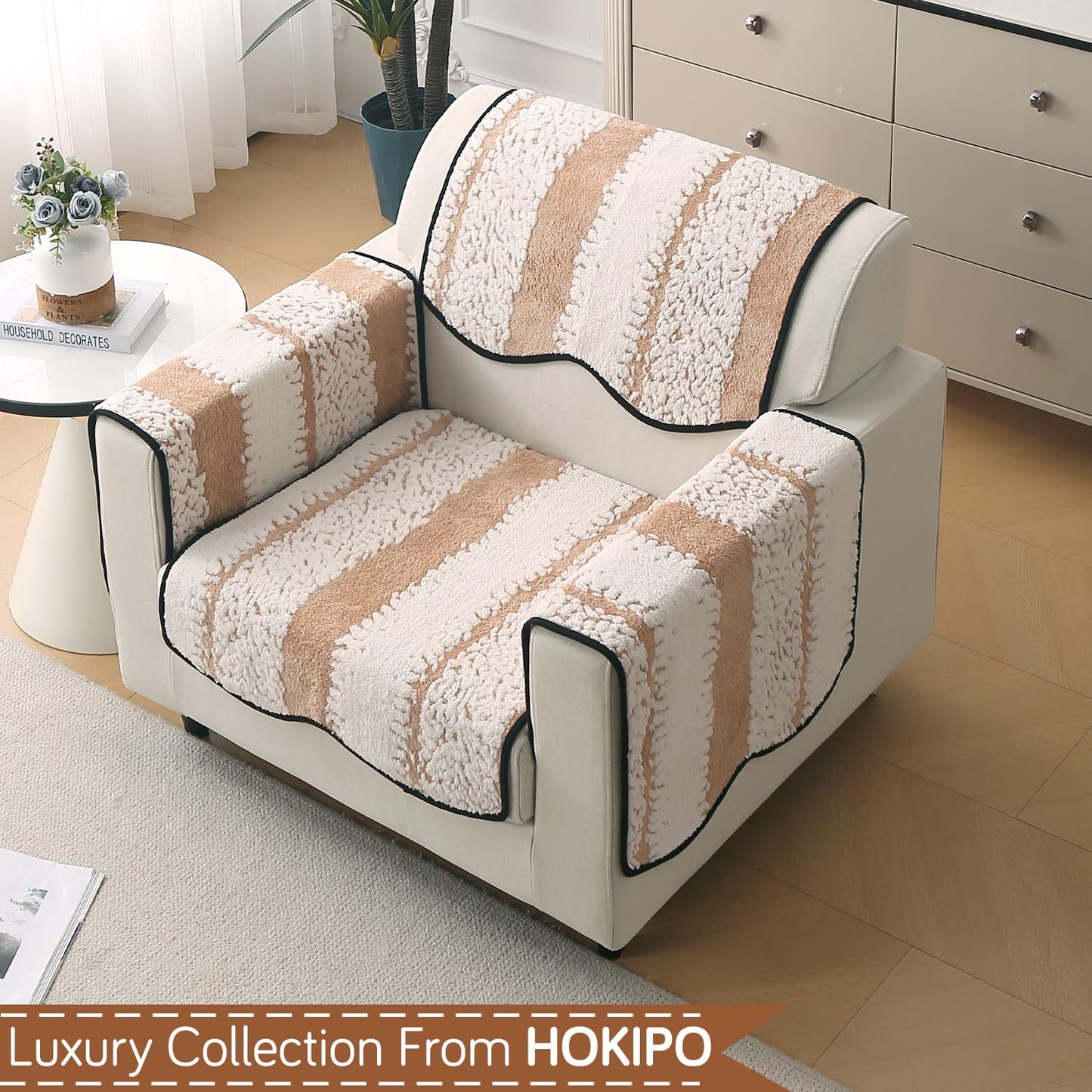 Luxury Sofa Cover Set | Seat, Back & Arm Covers | Anti-Slip Wavy Mat – Desert Brown