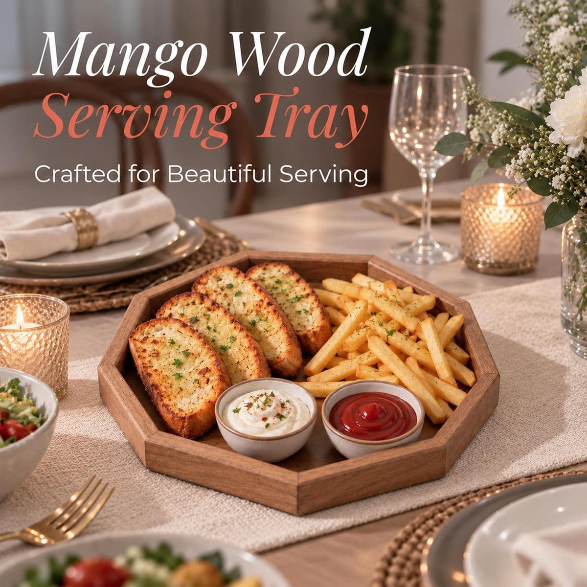 HOKIPO Arbor Mango Wood 10 Sided Serving Tray with Raised Edge, 28 cm - image 2
