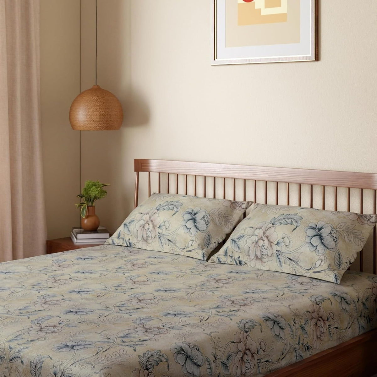 HOKIPO King Size Cotton Bedsheet, 2 Pillow Covers, Ivory & Navy Blue - image 12