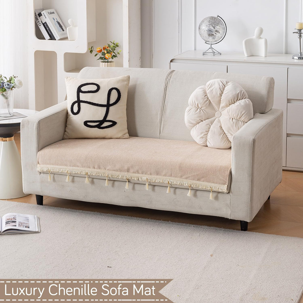 Serenity Tassel Chenille Sofa Cover with Tassel – Ivory Fringe