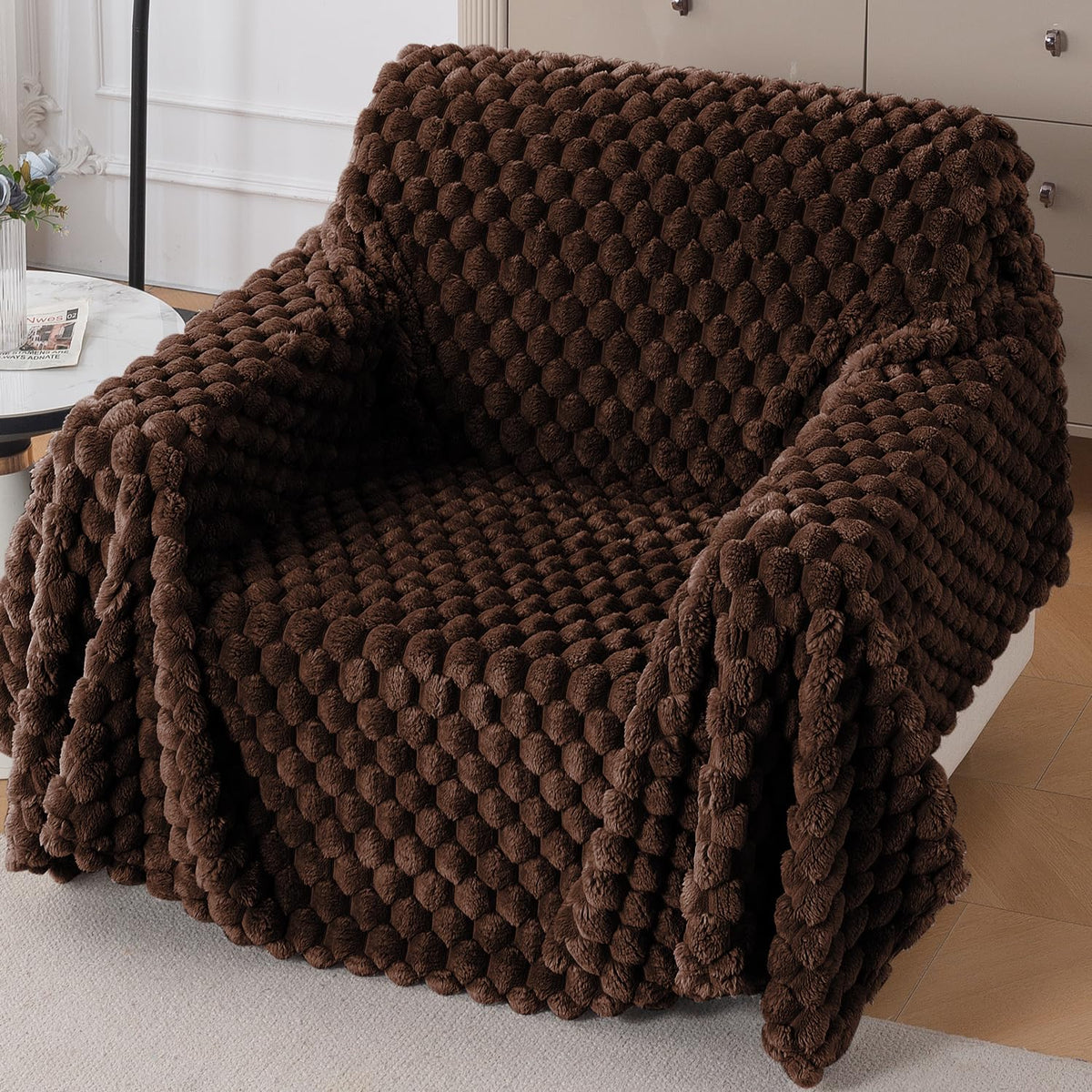 Luxury Rabbit Wool Plush Sofa Fluffy Throw, Dark Chocolate