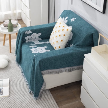 Soft Teal Colour Printed Sofa Throws 1, 2, Seater HOKIPO
